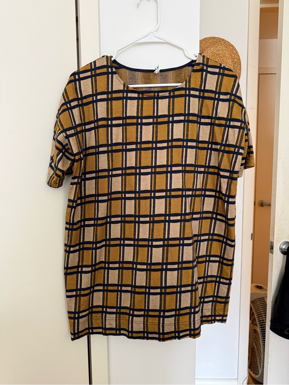 Ilana Kohn Mustard, Navy & Cream Plaid Short Sleeve Mini Dress/Tunic
